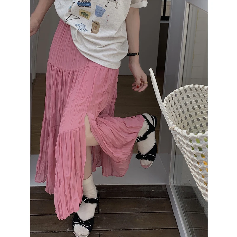 

New Summer Bohemian Women's Long Skirts Chiffon Female High Waist Pleated A Line Skirt Korean Split Chic Casual Midi Skirts P892