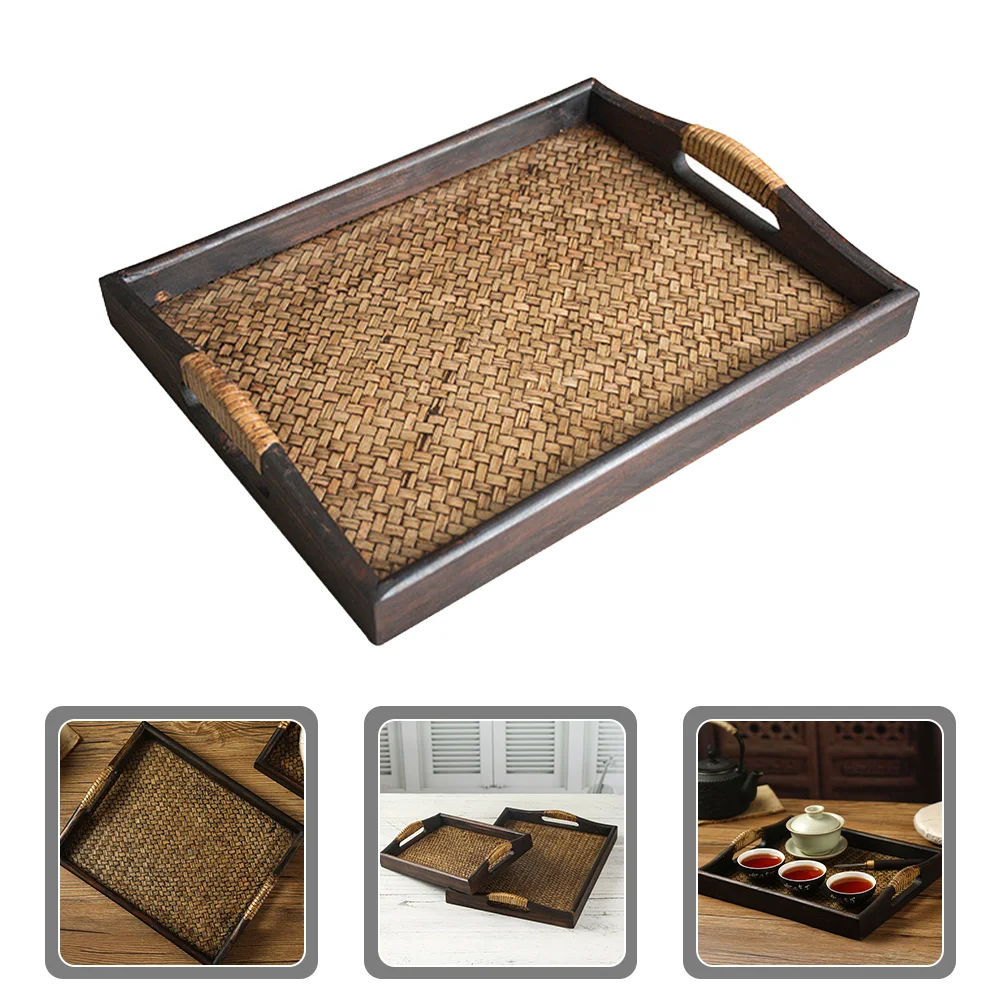 Wooden Rattan Tray Rectangular Tea Tray Fruit Serving Wood Snack Household Nuts Party Platter Coffee