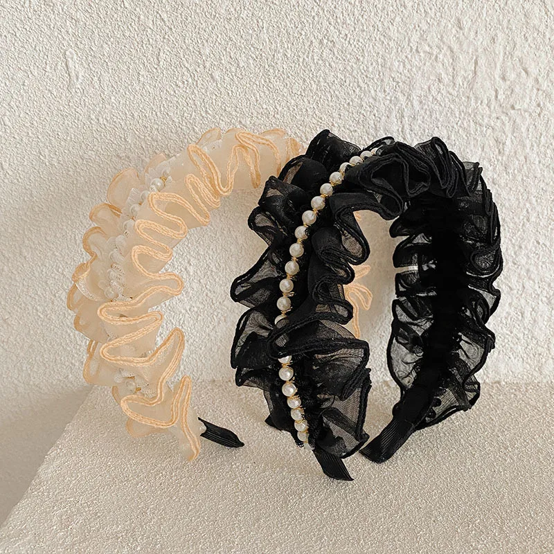 

New French Retro Headband for Women Mesh Flower Pearl Hairband Solid Color Hair Hoop Girls Headwear Fashion Hair Accessories