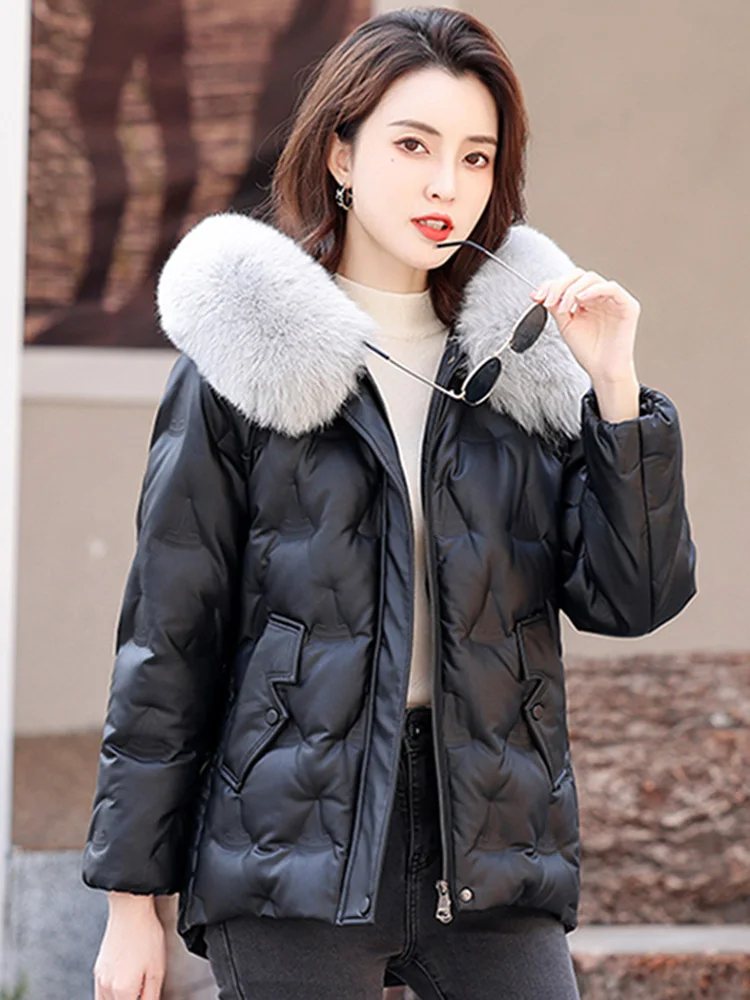New Women Sheep Leather Down Jacket Winter Fashion Hooded Real Fox Fur Collar Thicken Warm Leather Coat Casual Loose Topscoat