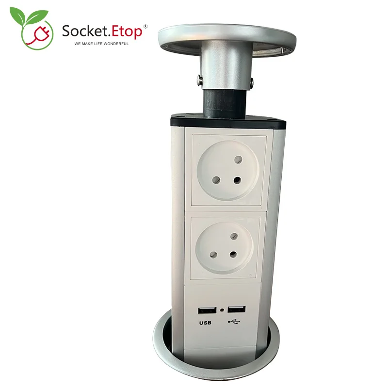 ปลั๊กไฟแบบอิสราเอลสำหรับติดตั้งในเคาน์เตอร์ครัวแบบฝังในตัว พร้อมเต้ารับแบบยืดหดได้ 2 ช่อง และพอร์ตชาร์จ USB สีขาว 1