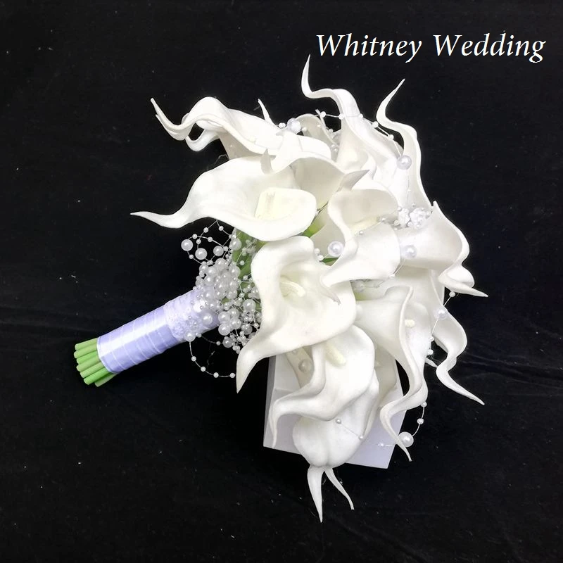 White Calla Lilies Bridal Silk Wedding Bouquet Natural Touch Pearls Bridesmaid Flower Mariage Ramo De Novia