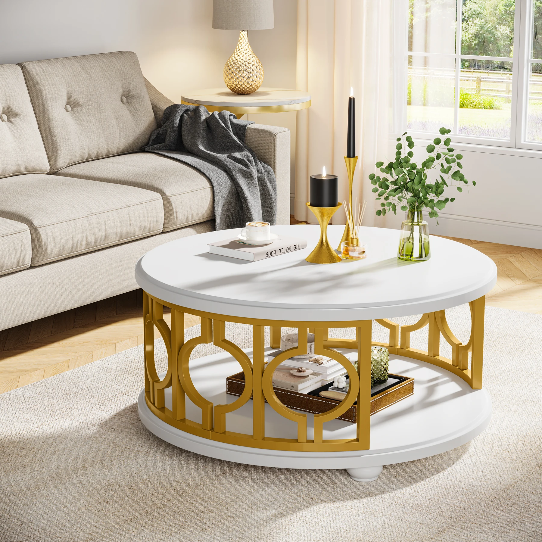 Tribesigns Round Coffee Table, 2-Tier Circle Coffee Table with Storage Shelf, Modern Center Table for Living Room & Office, Whit