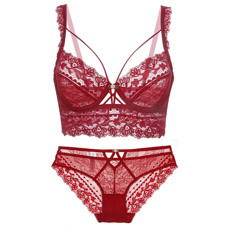 red bra and panty sets Top Classic Bandage Bra Set Lingerie Push Up Brassiere Lace Underwear Set Sexy Transparent Panties For Women underwear red bra set Bra & Brief Sets