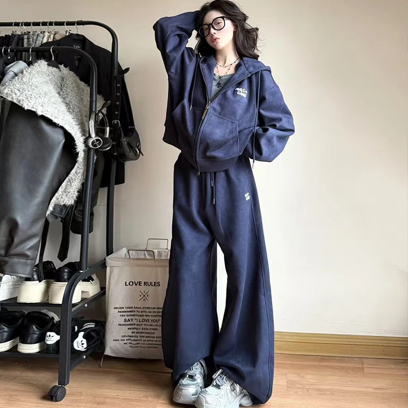 Ladies Loose Fit Sportswear Set Two Pieces Korean Style Wide Leg Pants Hoodie Casual Outfit Spring Autumn Student Fashion