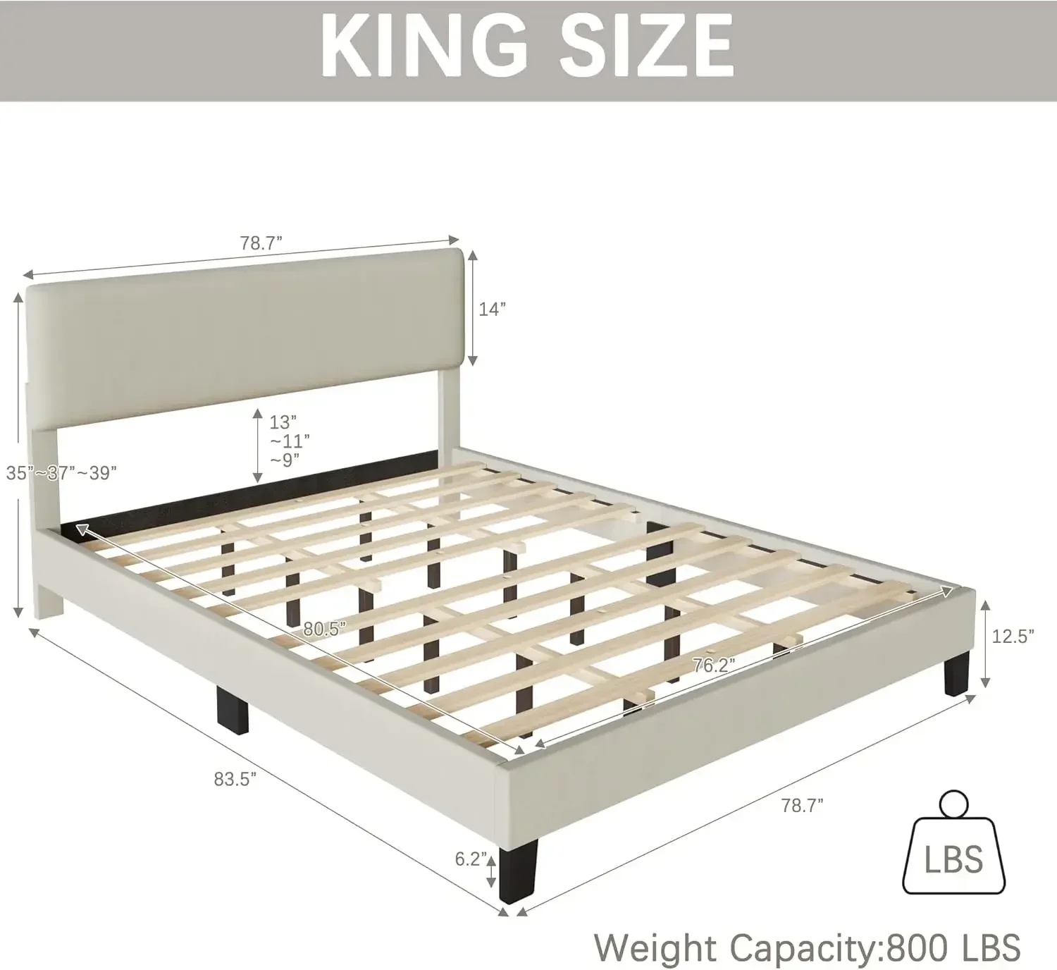 King Bed Frame Upholstered Bed Frame Platform with Adjustable Headboard Linen Fabric Headboard Wooden Slats Support/No Box 2