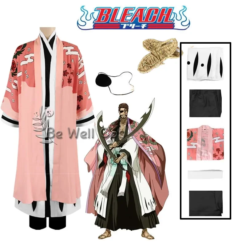 

Anime Bleach Kyoraku Shunsui Cosplay Costume Thousand-Year Blood War Pink Kimono Black Shinigami Attire Outfit Cloak Shoes Set