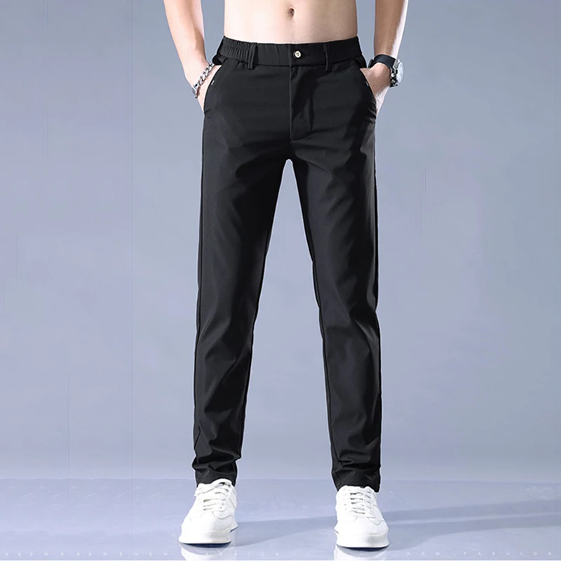 Summer Thin Business Elastic Fashion Trend Slim Casual Suit Pants Men's Solid Button Zippered Pockets Korean Straight Trousers