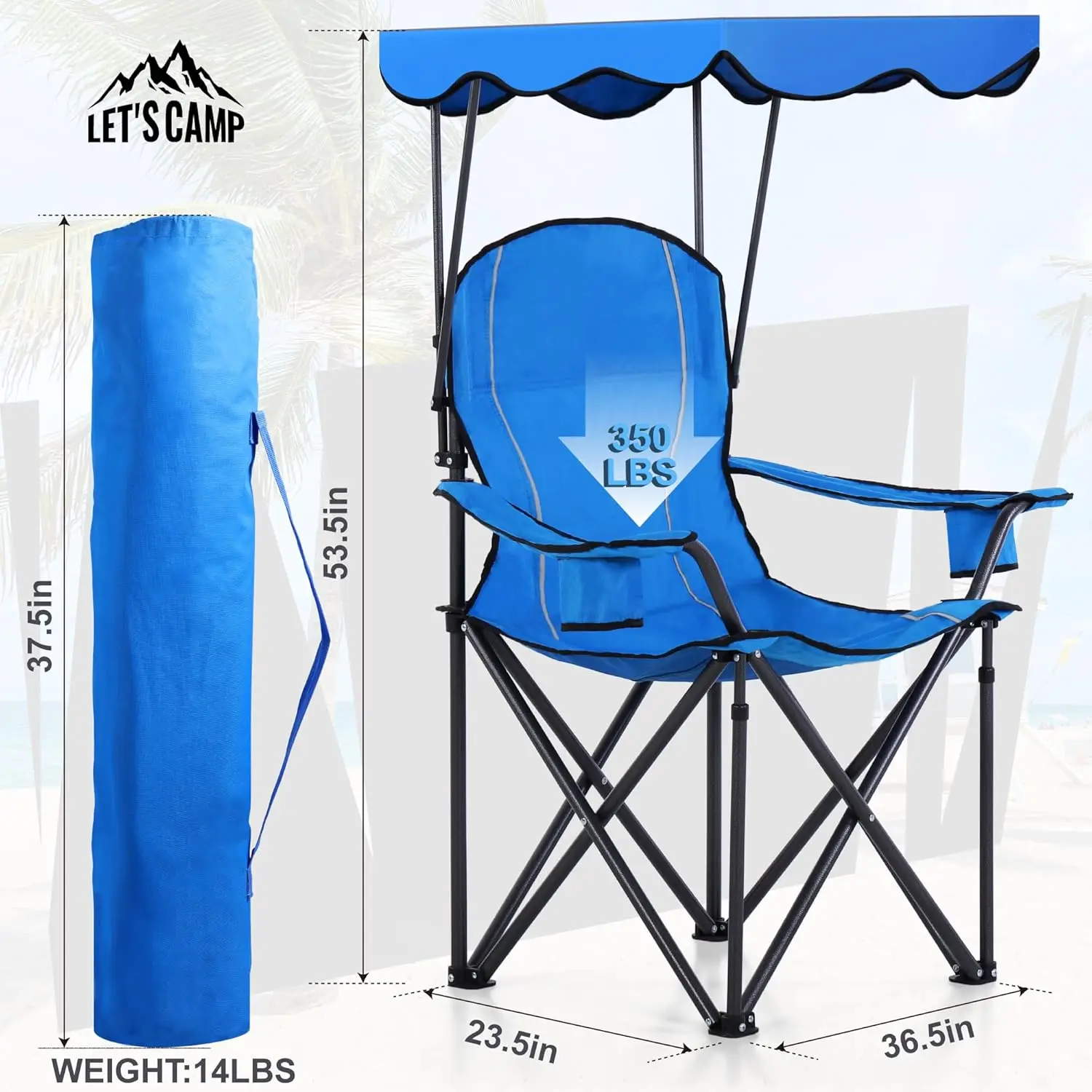 Camp Chair with Shade Canopy Folding Camping Recliner Chair with Carry Bag for Outdoor Camping Hiking Beach, Heavy Duty 350 LBS