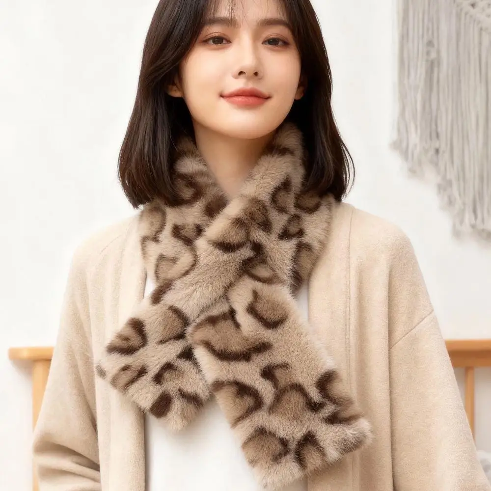 Fashion Leopard Print Cross Scarf Winter Thicken Warm Faux Rabbit Fur Collar Scarf Windproof Soft Winter Scarf Neck Warmer Hot
