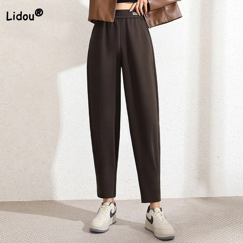 

Быстросохнущие шаровары из ледяного шелка, летние однотонные свободные женские повседневные брюки с карманами и надписью, девять точек