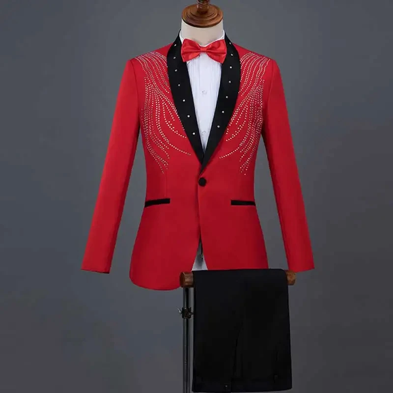Fashion Crystal Patchwork Men Suit 2 Piece White Red Shawl Collar One Button Costume Homme Wedding Party Tuxedo Blazer Pants Set