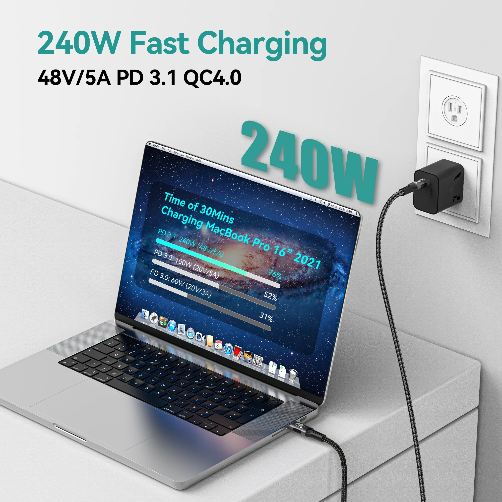 High-Speed USB4 Cable 240W, 40Gbps, Type C Fast Charging and Data Transfer