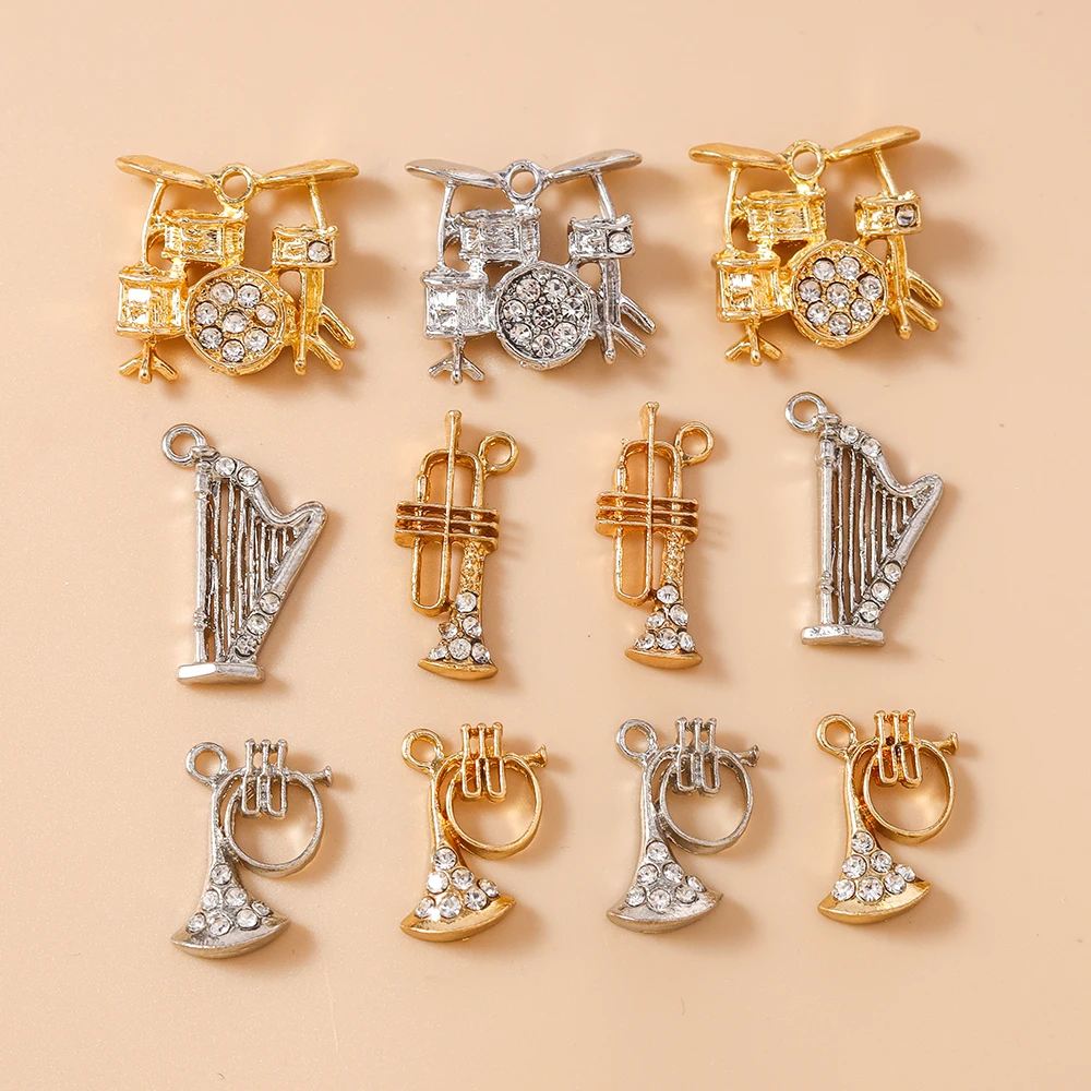 Leslie 10 Stück gold- und silberfarbene Musikinstrument-Anhänger aus Kristall, Harfe, Trompete, Posaune, passend für Ohrringe, Halsketten, Schmuckherstellung