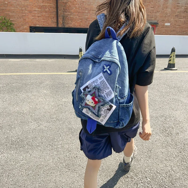 MINISO Hello Kitty Denim Color Block Backpack Large Capacity Cartoon Backpack Female College Student School Bag