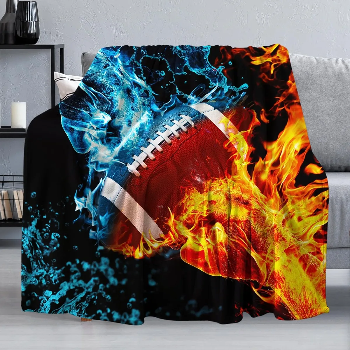 Fire & Ice Basketball Blanket for Couch, Lightweight Warm Blanket Cozy Soft Flannel Blanket, Decorative Fuzzy Throws for Sofa