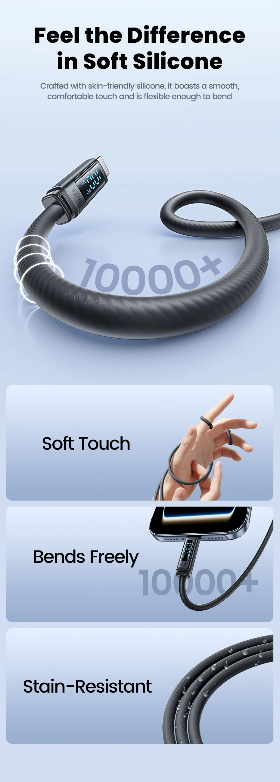 Toocki PD 100W USB-C zu USB-C Kabel 60W Typ-C zu Typ-C mit Digitalanzeige Weiches Silikonkabel Schnelles Laden für iPhone 17 Samsung – Detail 6