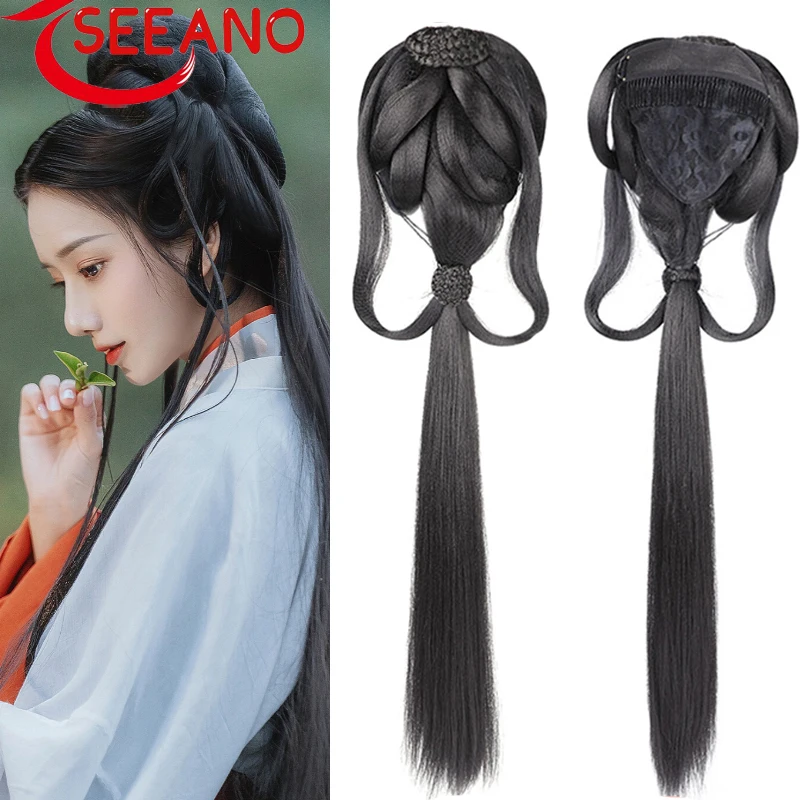 SEEANO-peruca hanfu para mulheres, estilo chinês, peça de cabelo sintético,  almofada de modelagem antiga, acessórios para cabelo preto, cocar -  AliExpress