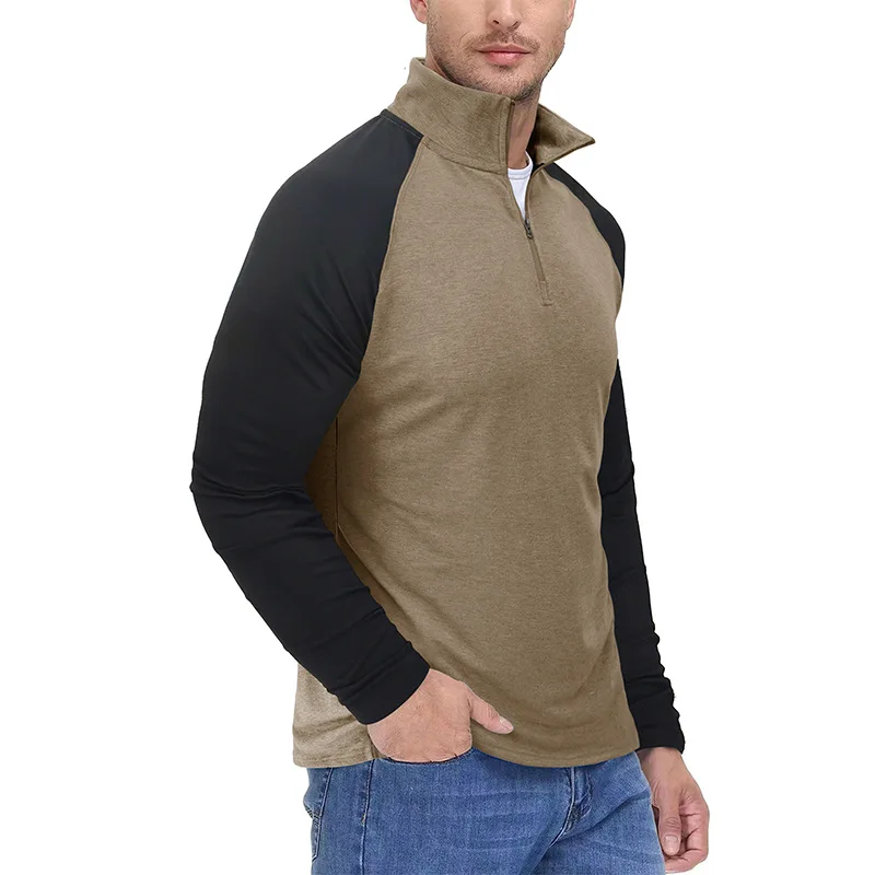 Herren-Sport-Sweatshirt mit Stehkragen für Herbst und Winter, atmungsaktiv, warm, farbblockierter Pullover, halber Reißverschluss in mehreren Farben – Detail 2
