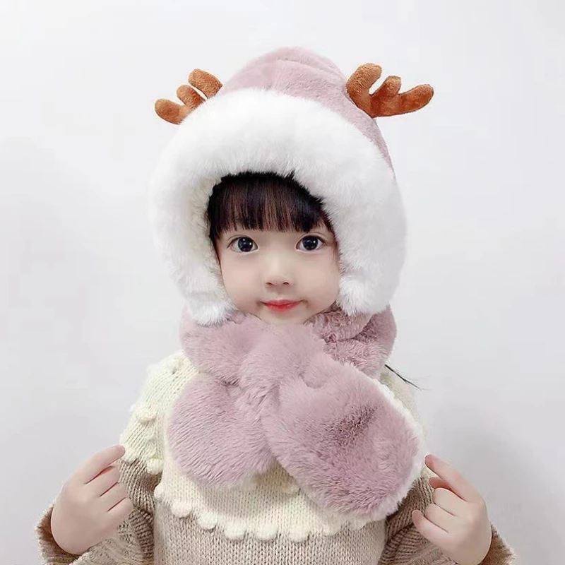 Autumn and Winter Children\'s Hat Cute Hat and Scarf All In One Hat Boys and Girls Deer Hats Plush Windproof Ear Protection Cap