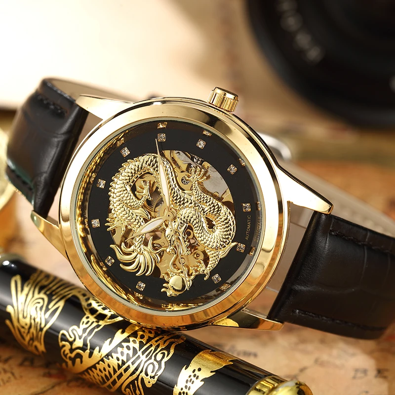 Mens Watch Luxury Chinese Dragon Gold Waterproof Stainless Steel Male Sport Automatic Mechanical Watch Clock Business Wristwatch
