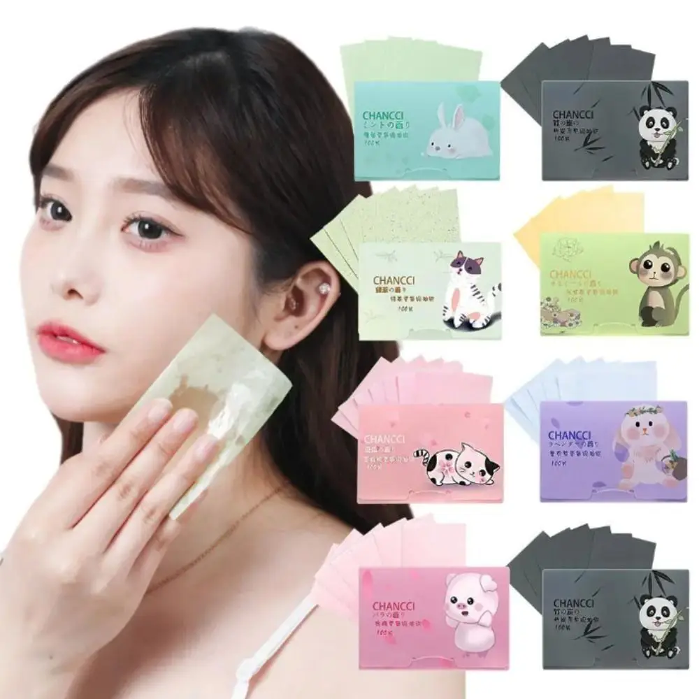 100PCS Fragrance Facial Oil Absorbing Paper Natural Green Tea Bamboo Charcoal Anti-Grease Paper Portable Facial Cleaning