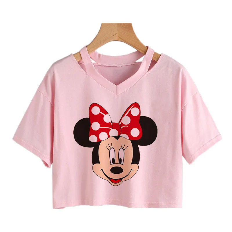

Vintage 2024 Cute Mickey Tee Shirt Minnie Mouse Crop Top T-shirt Women T Shirt Female Clothes Kawaii Disney Cropped Tshirt