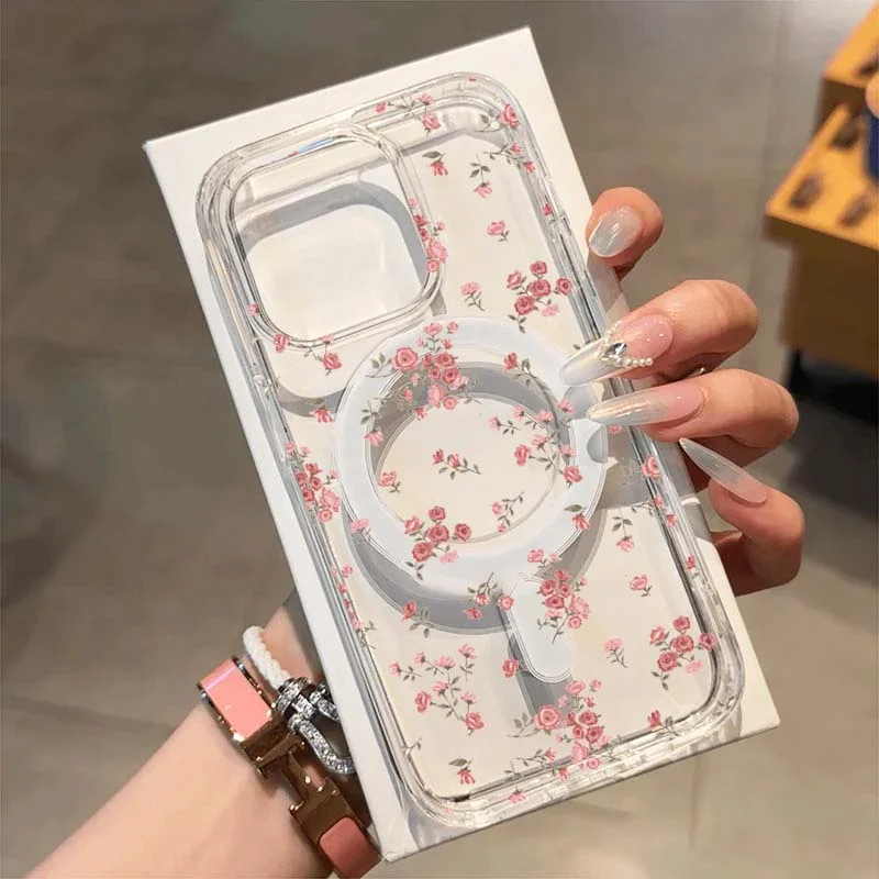 Elegant Small Pink Floral Magnetic Phone Case - Clear Hard Cover
