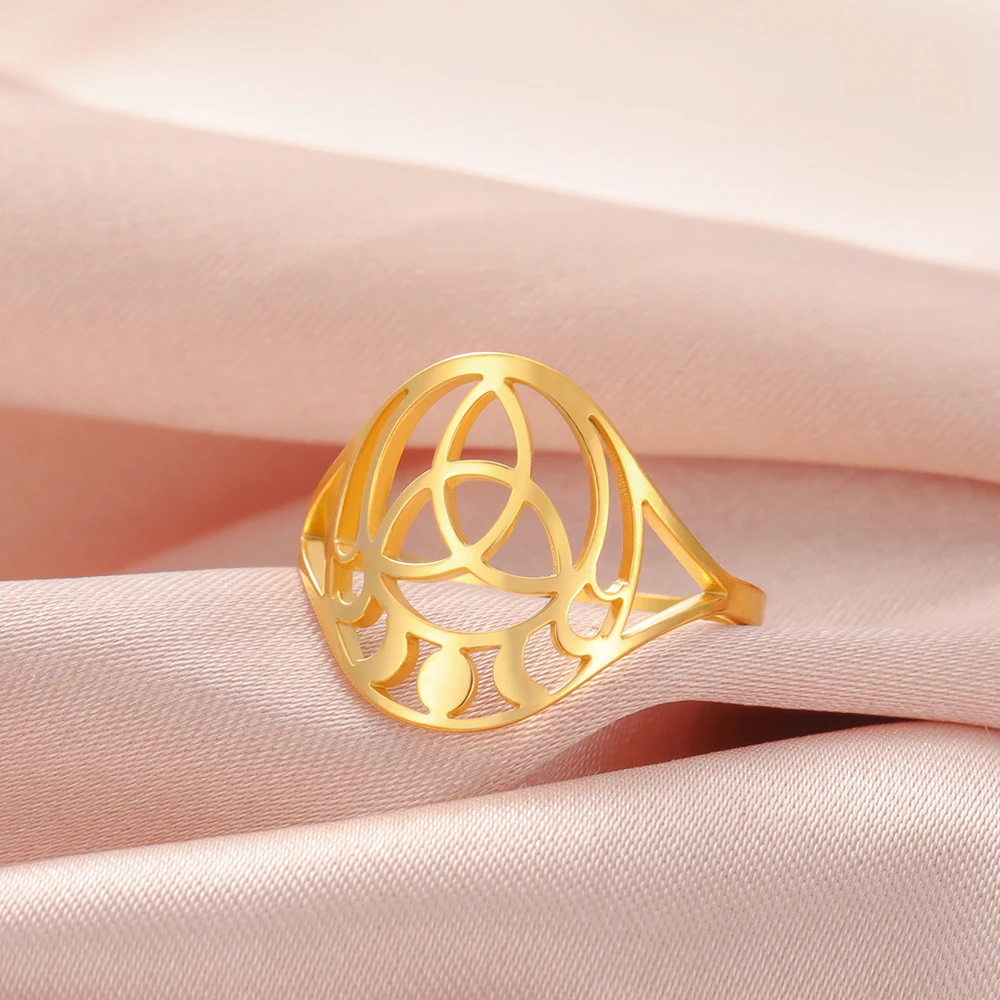 Dawapara Triquetra Trinity Knot Ring Celtics Knot Mondphase Mondsymbol Geometrischer Ausschnitt Edelstahl Wicca Fingerring – Detail 10
