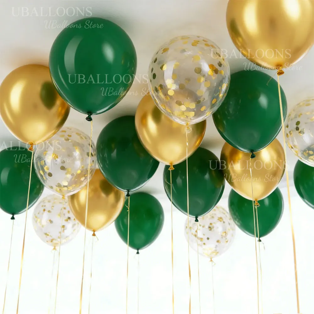 30 Stück goldgrüne Luftballons 25,4 cm Chrom Gold Konfetti dunkelgrüne Luftballons für Geburtstag, Hochzeit, Safari, Wild One Babyparty-Dekoration