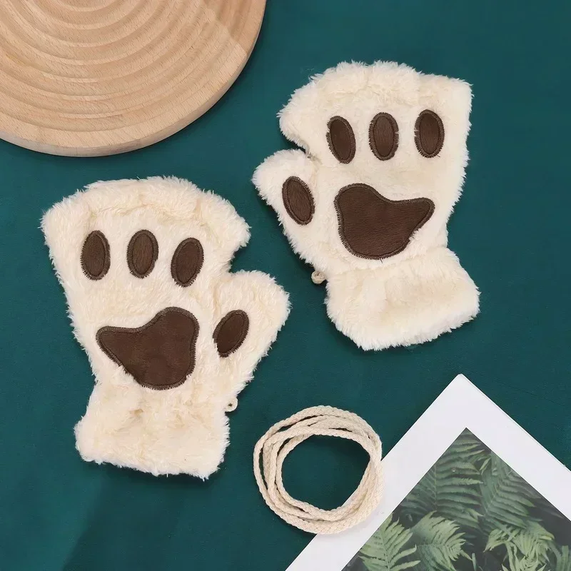 Lovely Plush Cat Claw Paw Gloves Plush Mittens Warm Soft Plush Short Fingerless Fluffy Bear Gloves Costume Half Finger Gloves