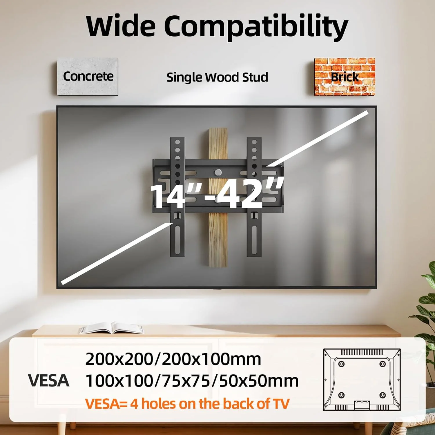 1442인치 고정형 TV 모니터 벽걸이 브래킷 (LED LCD TV 및 모니터용), 로우 프로파일 소형 TV 브래킷, 간편 슬림형 평면 벽걸이 브래킷 (최대하중 66lbs)