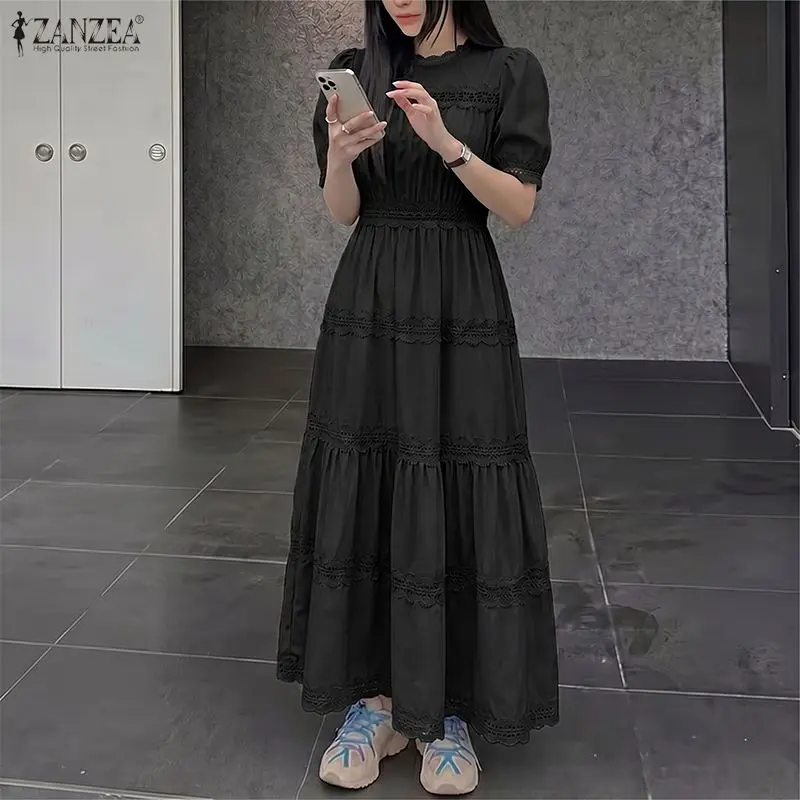 ZANZEA 2026 Women Lace Dresses Sexy Solid Maxi Long Dress Summer Short Sleeve Bohemian Beach Sundress Party Robe Femme Oversized 1