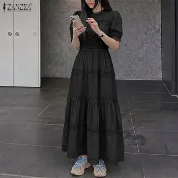 ZANZEA 2026 Women Lace Dresses Sexy Solid Maxi Long Dress Summer Short Sleeve Bohemian Beach Sundress Party Robe Femme Oversized 1