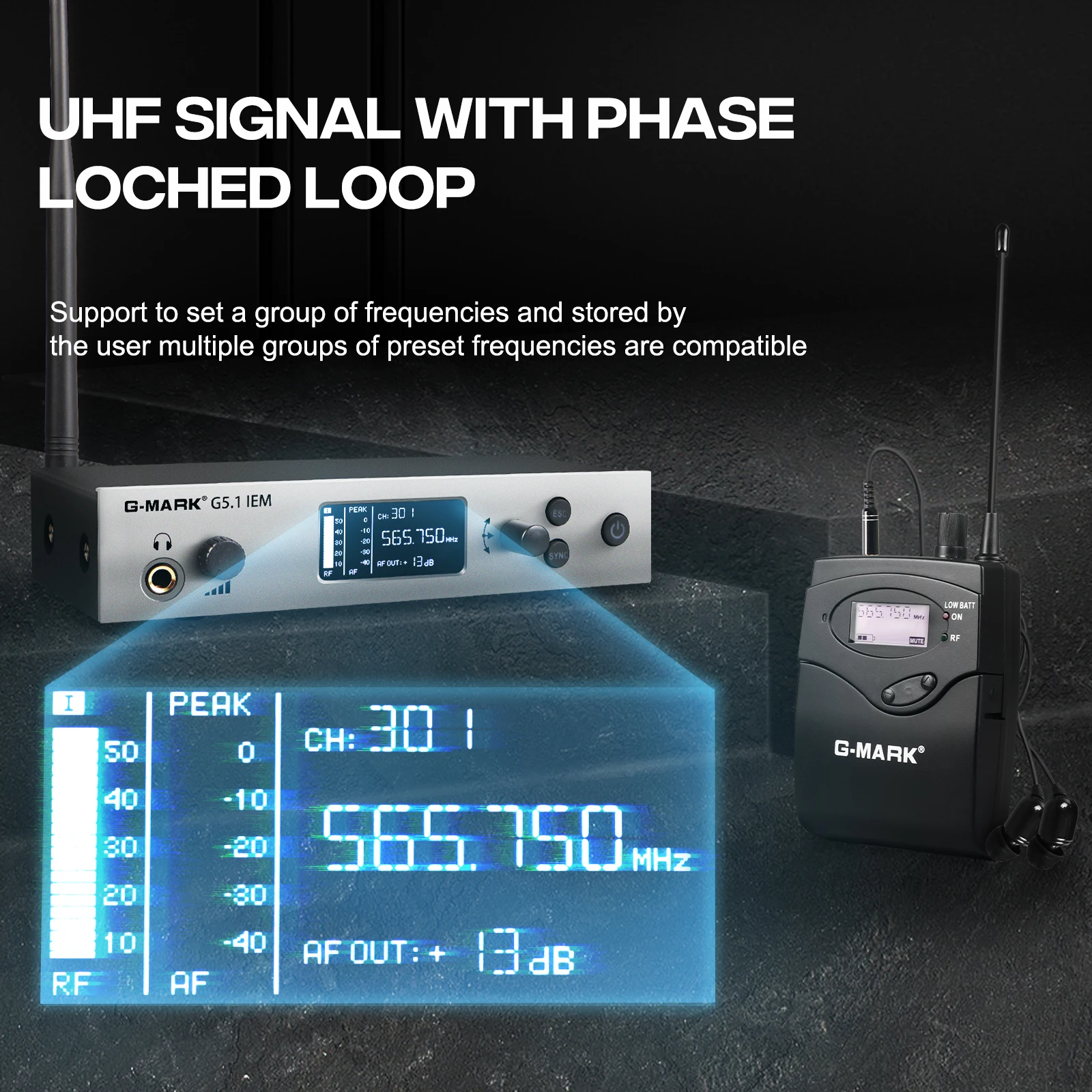 G-MARK G5.1 IEM Single Channel UHF Frequency Selectable Stage Performances Professionnel Real Time Wireless Inear Monitor System