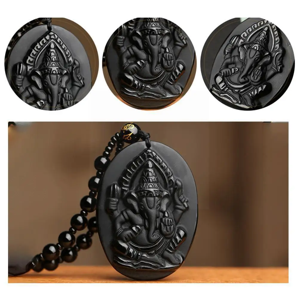 Natural Black Obsidian Carved Ganesha Elephant Pendant Beads Amulet Lucky Klace Wealth Chain S1l1 |