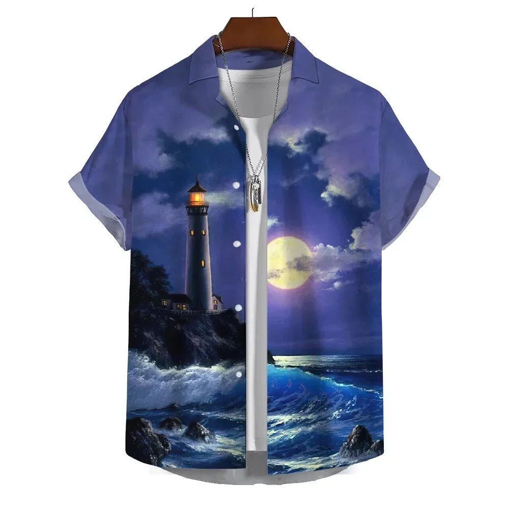 Summer New Men's Short Sleeve Shirts Lighthouse Print Casual Men's Lapel Tops Large Size Fashionable Men's Shirts Comfortable