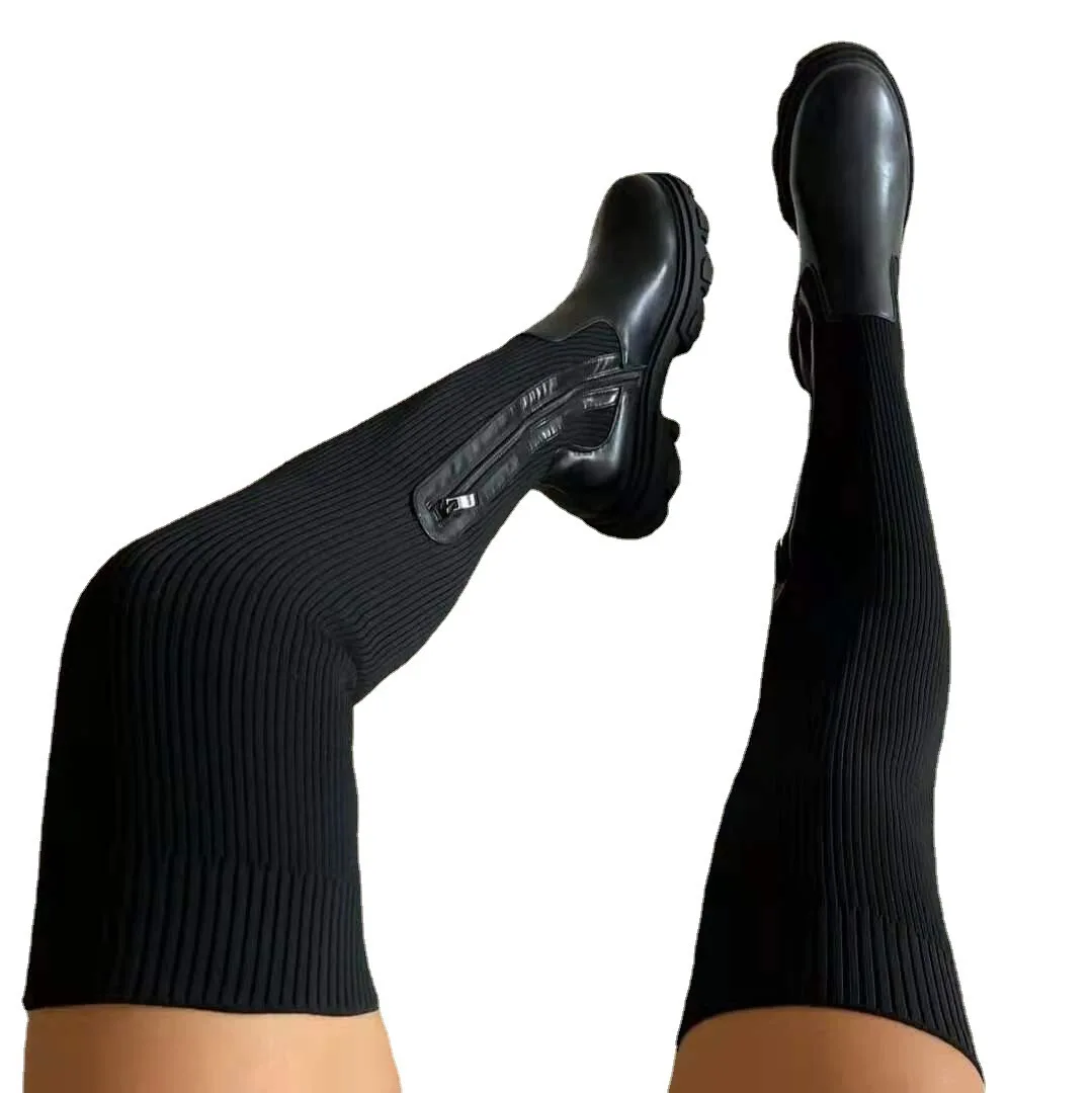 Women Thick Sole Boots Autumn Winter Breathable Knitting Sock Ladies Thigh High Boots Stretch Round Toe Shoes Plus Size 43 women high heel boots