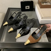 Aneikeh Street Style Sexy Pointed Toe Slingbacks Pumps Women Stripper Sandals High Heels Female Banquet Shoes Brown Kitten Heels - Image 4