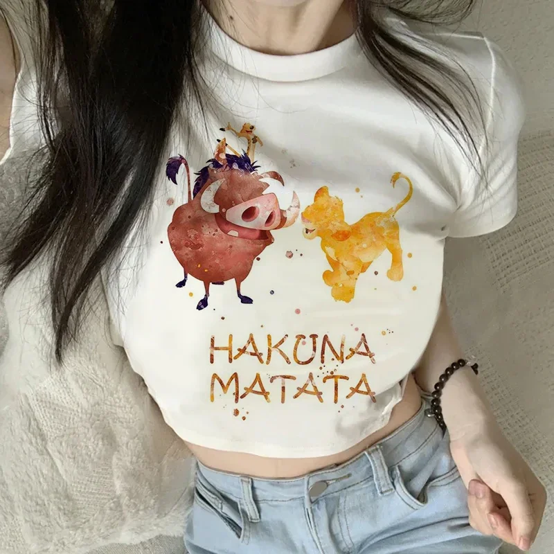 

Футболка Y2k 90s с японским аниме Hakuna Matata, футболка с изображением короля льва из Диснея, укороченная футболка, женский укороченный топ, топ, футболки, одежда