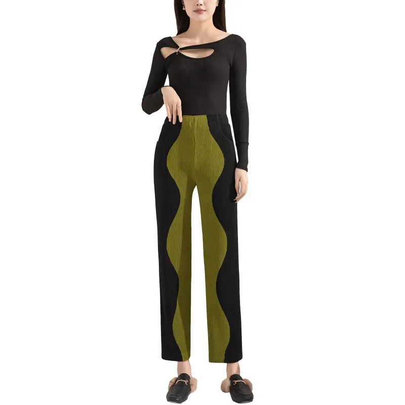 Autumn and Winter High Waist Drooping Casual Straight Pants Women's 2022 New Fashion Pleated Color Block Skinny Thick Trousers