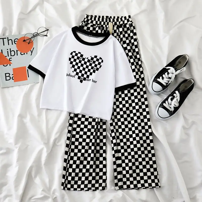 

2023 Summer teens Girls Clothes Print Sets Outfits Kids Short Sleeve T-shirt + Long Pants Child tracksuit 2PCS 6 8 10 12 Year