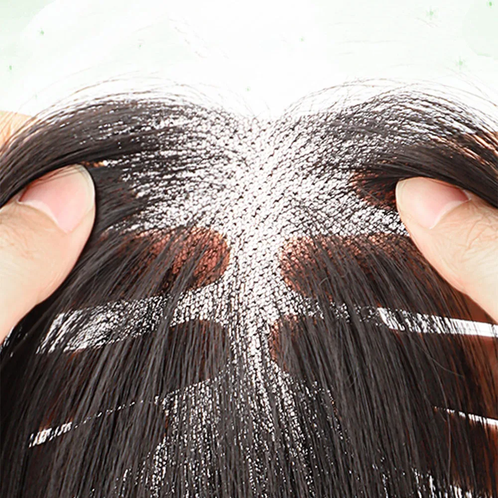 Parrucchino con frangia e parte centrale, liscio, invisibile, dall'aspetto naturale, senza cuciture, voluminoso, in capelli sintetici, per donna, per uso quotidiano - immagine 3
