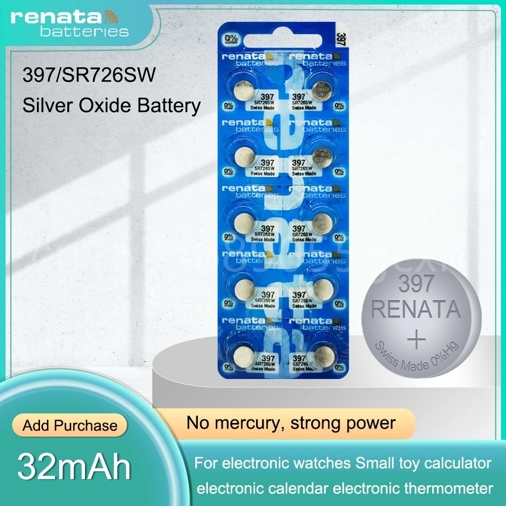 Renata 397 은 산화물 시계 배터리, 스케일 계산기, 스위스제, 버튼 코인 셀, SR726SW, AG2, LR726, 1.55V, 396A, SR726 Renata 397 은 산화물 시계 배터리, 스케일 계산기, 스위스제, 버튼 코인 셀, SR726SW, AG2, LR726, 1.55V, 396A, SR726