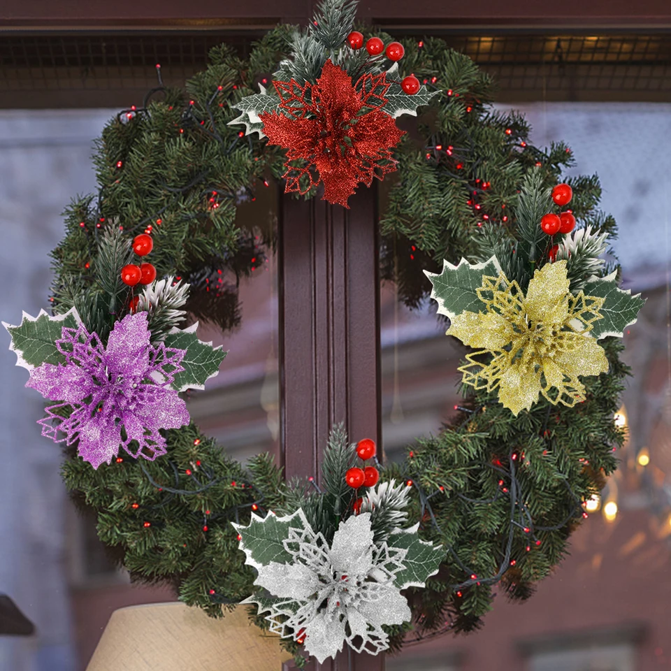 6 Fiori Di Natale Poinsettia Glitter Con Clip - Rossi E Oro - Decorazioni Per Albero E Casa