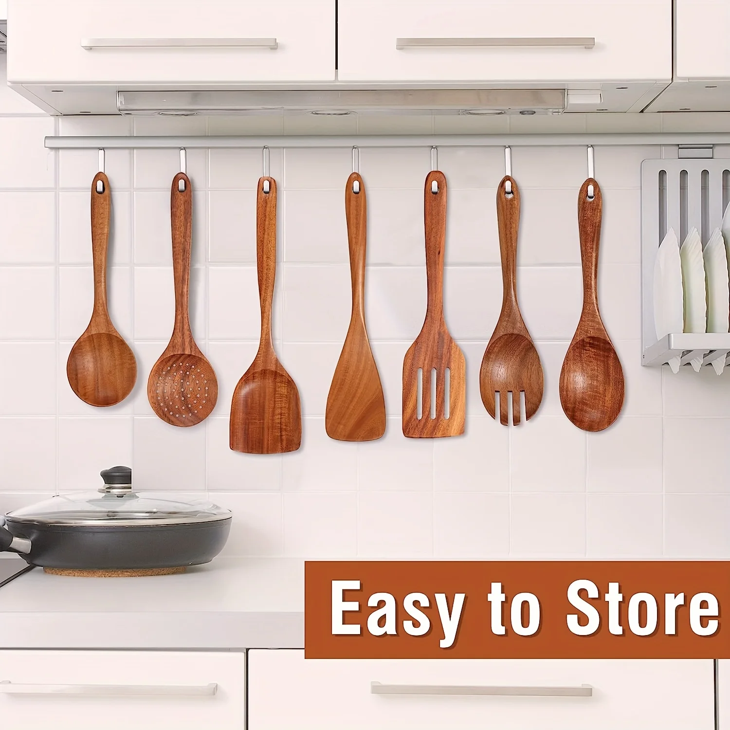Natural Teak Wood Kitchen Utensil Set Wooden Cooking Tools with Holder Ideal for Healthy Non - Stick Cookware Cooking - 3
