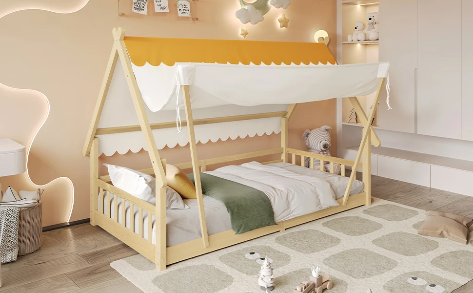 Holzbetten, Kinderbett, Einzelbett, exquisites Holzhaus-Design, das Zelt ist abnehmbar, stabile Lattenroste – Detail 9