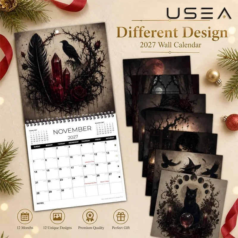 Calendario da Parete Dark Fantasy Raven2027, Agenda Annuale, Organizzatore, Tracker delle Abitudini, Diario per la Gestione del Tempo, Calendario da Appendere, Natale - immagine 3