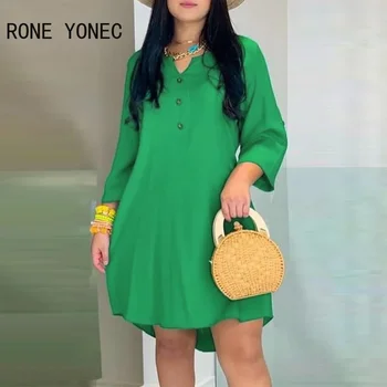 여성 캐주얼 라운드 작은 V 목 고리 손목 소매 단추 a 라인 미니 드레스