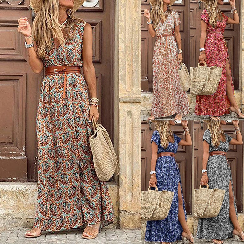 2022 Summer Boho Long Dress Women Casual Paisley Print Belt Maxi Dress Elegant V Neck Short Sleeve Women's Beach Dress Vestidos jumper dress